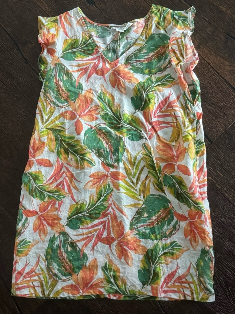 Nicole Miller Tropical Leaf Print Linen Women's Dress- Green & Orange